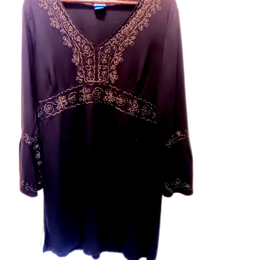 Soaked in Luxury Black Gold Embroidered Tunic Dress XL Boho V-Neck Lurex Ethnic